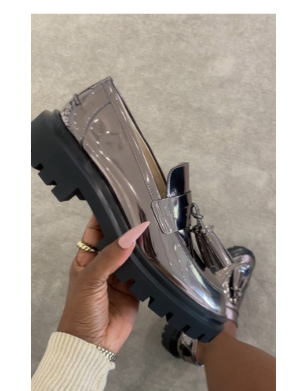 Stuart Weitzman Metallic Gray Patent Tassel Loafers